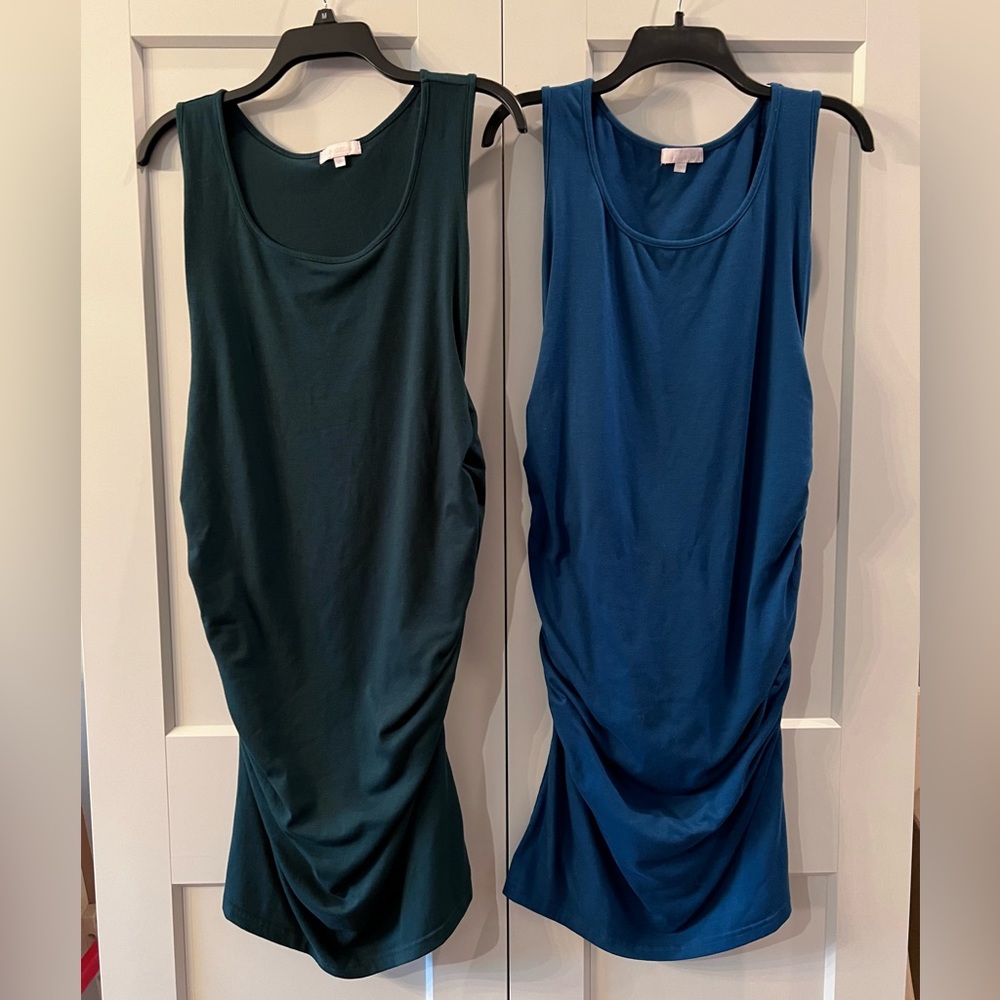 Bhome Maternity Tank Bodycon Ruched Knee Length Dresses, Teal & Dark Green, M